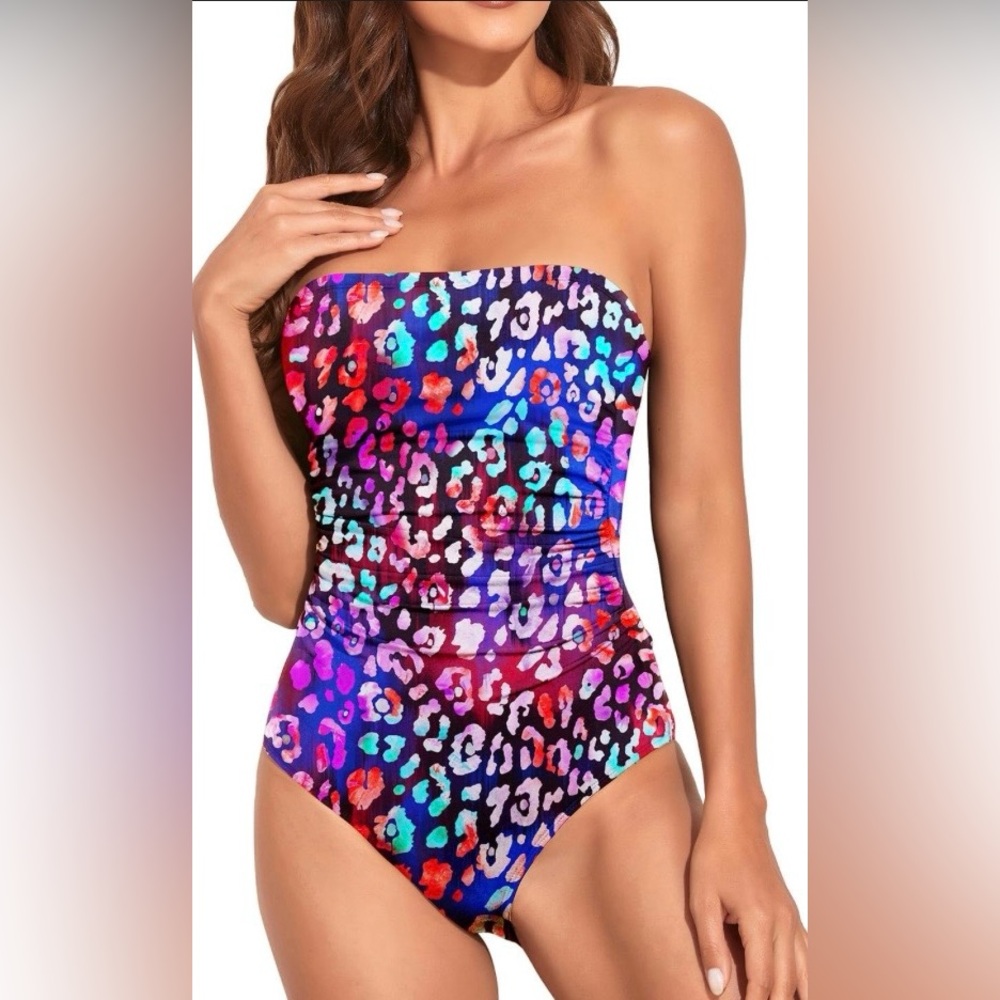 Holipick swimsuit womens small strapless bandeau slimming bathing suit cheetah